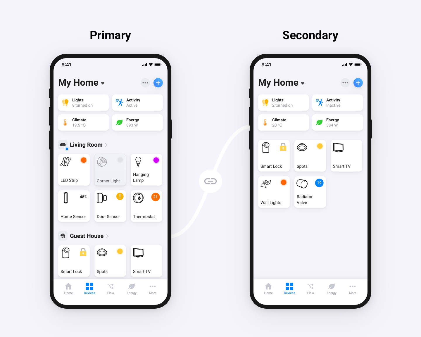 Two smartphones side by side, each showing the Homey app interface
